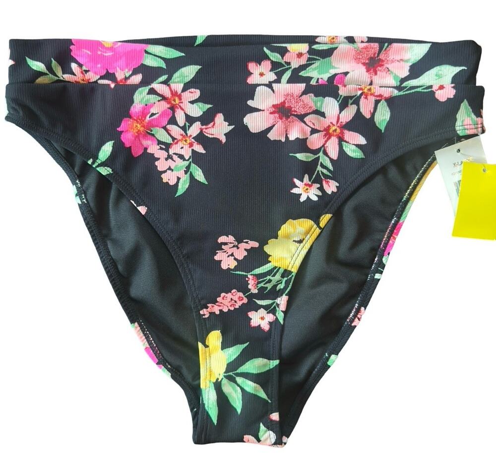 Forever‎ 21 Womens XL Floral High Waisted Bikini Bottom Black Pink NWT Swim